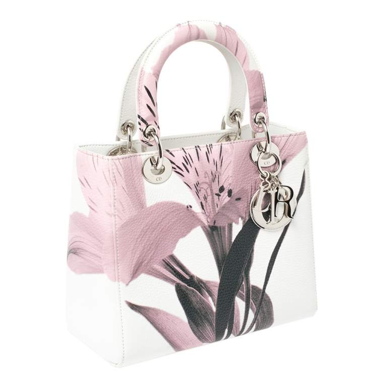 Pre Owned Dior White/Pink Floral Print Leather Medium Lady Dior Tote
