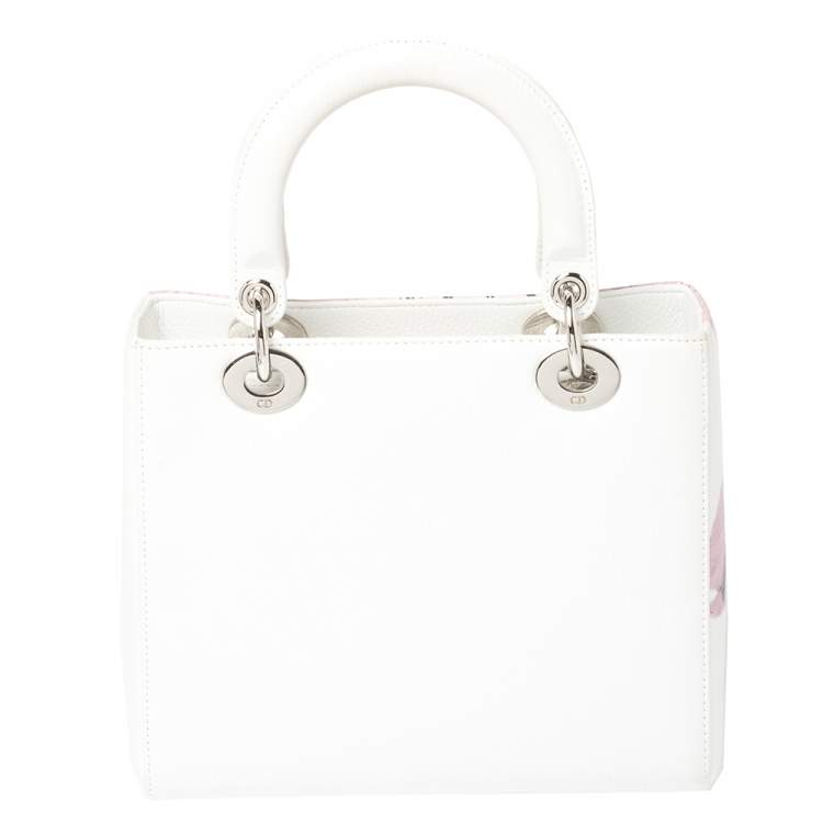 Pre Owned Dior White/Pink Floral Print Leather Medium Lady Dior Tote