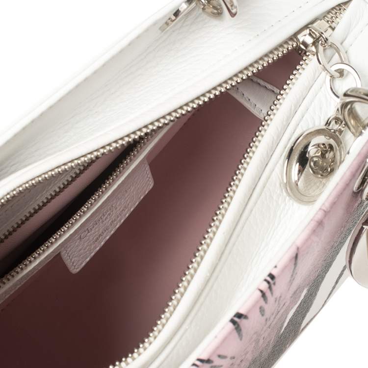 Pre Owned Dior White/Pink Floral Print Leather Medium Lady Dior Tote