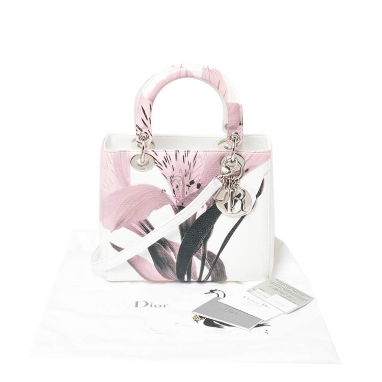 Pre Owned Dior White/Pink Floral Print Leather Medium Lady Dior Tote