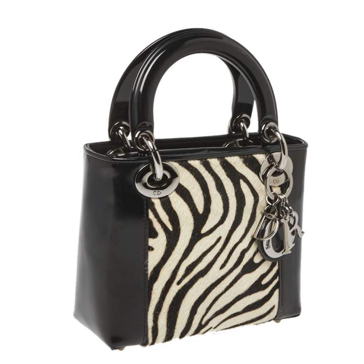 Pre Owned Dior Black/White Patent Leather and Calf Hair Zebra Print Vintage Mini Lady Dior Tote