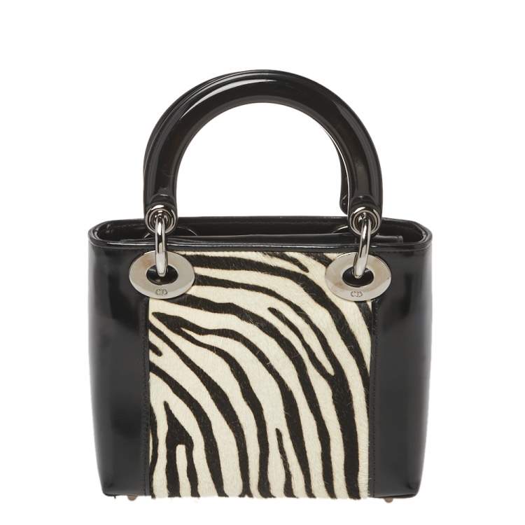 Pre Owned Dior Black/White Patent Leather and Calf Hair Zebra Print Vintage Mini Lady Dior Tote