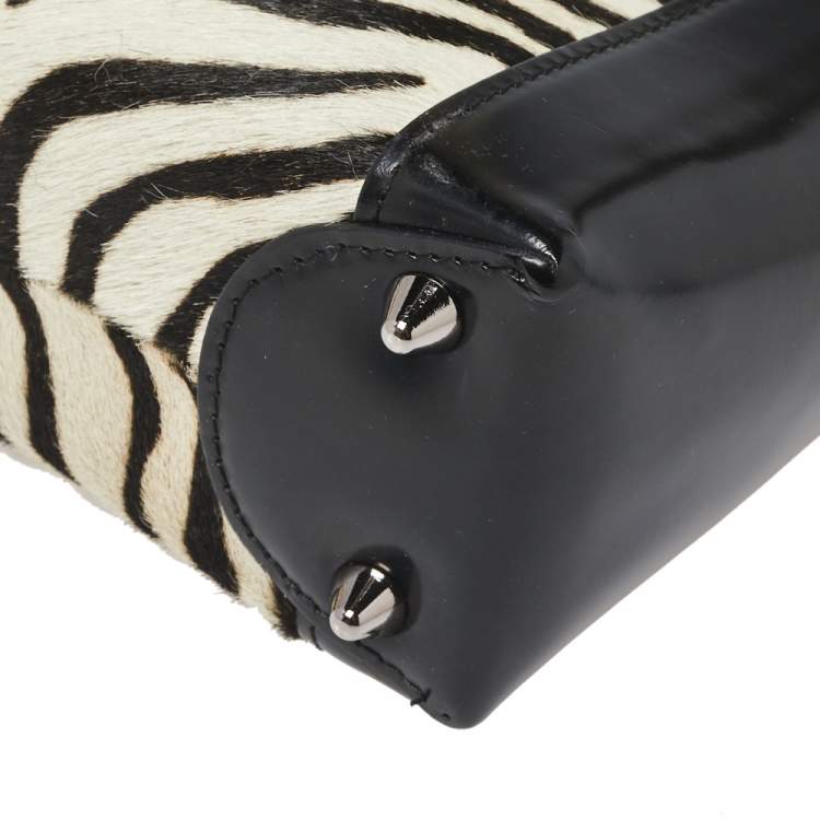 Pre Owned Dior Black/White Patent Leather and Calf Hair Zebra Print Vintage Mini Lady Dior Tote