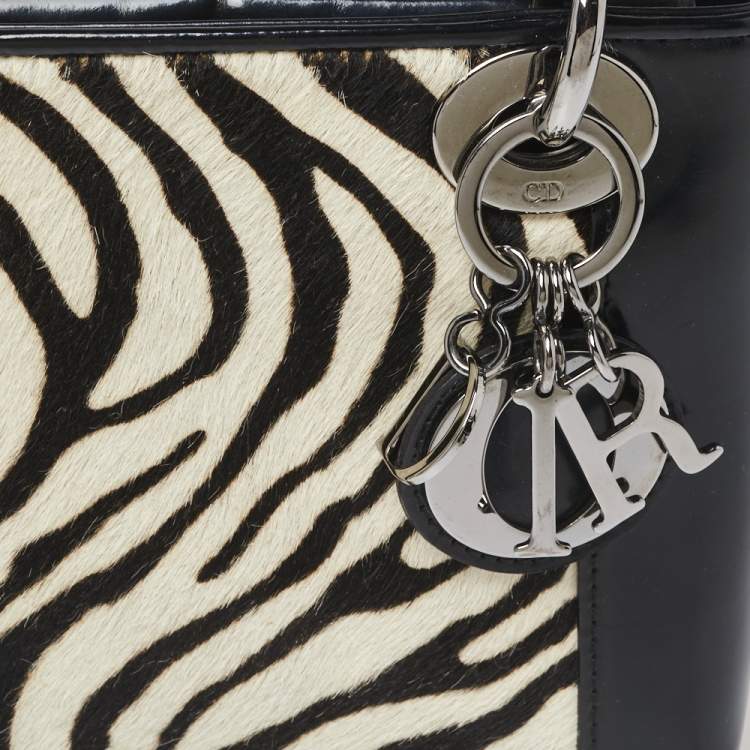 Pre Owned Dior Black/White Patent Leather and Calf Hair Zebra Print Vintage Mini Lady Dior Tote