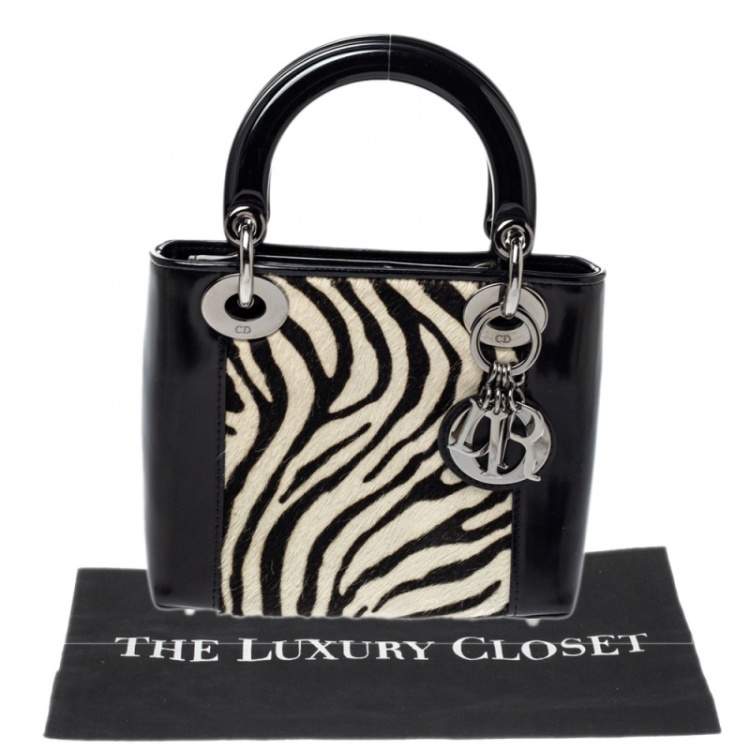 Pre Owned Dior Black/White Patent Leather and Calf Hair Zebra Print Vintage Mini Lady Dior Tote