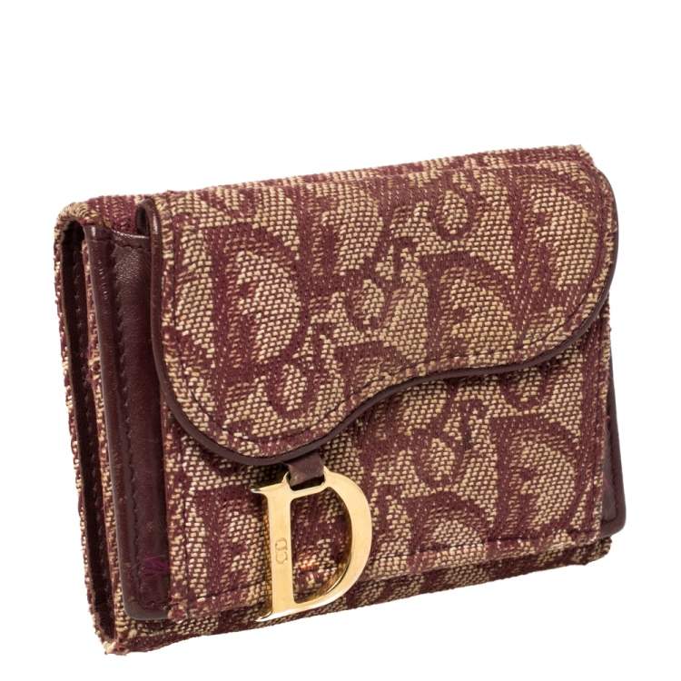 Pre Owned Dior Maroon Diorissimo Canvas Saddle Compact Wallet