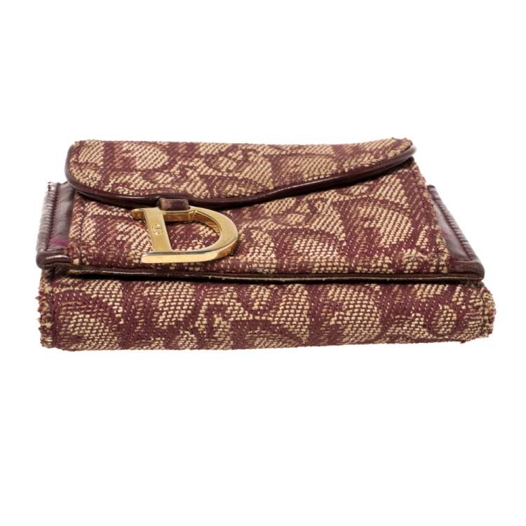 Pre Owned Dior Maroon Diorissimo Canvas Saddle Compact Wallet