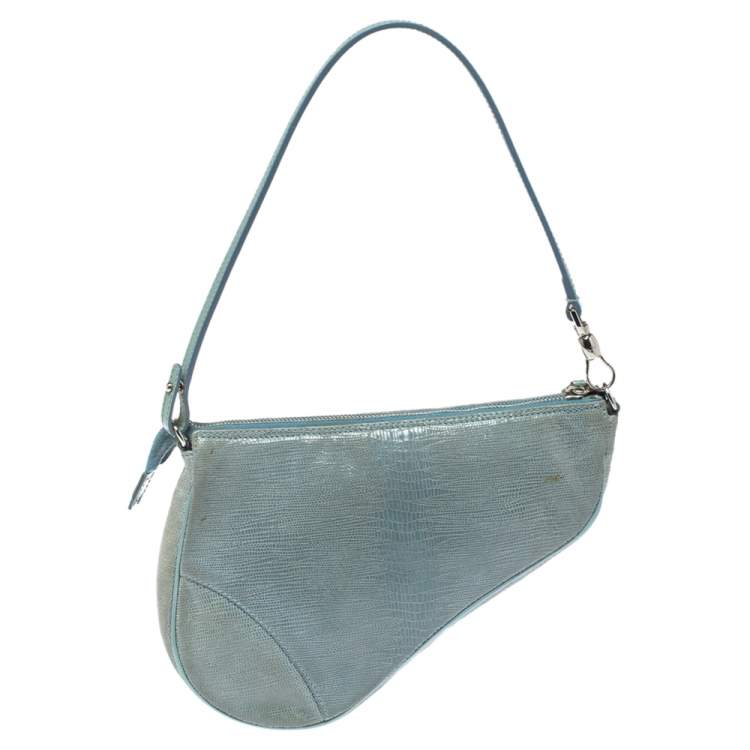 Pre Owned Dior Blue Lizard Effect Suede Saddle Bag