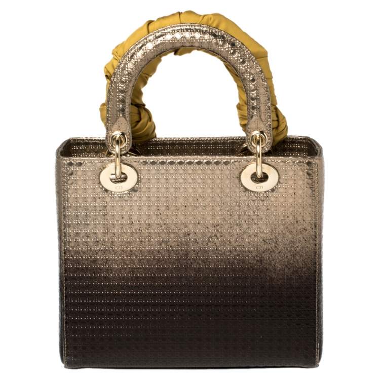 Pre Owned Dior Metallic Ombre Gold Microcannage Patent Leather Medium Lady Dior Tote