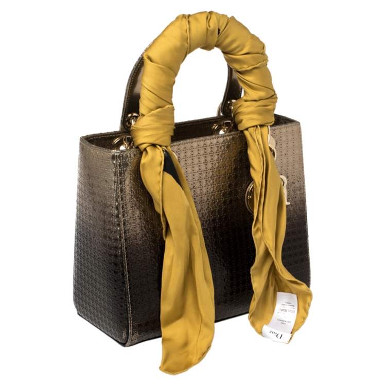 Pre Owned Dior Metallic Ombre Gold Microcannage Patent Leather Medium Lady Dior Tote