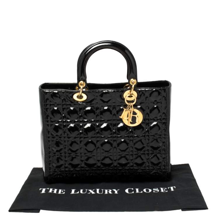 Pre Owned Dior Black Cannage Quilted Patent Leather Large Lady Dior Tote