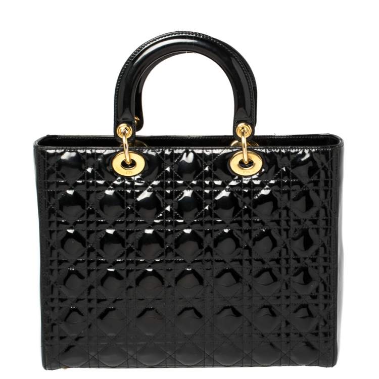 Pre Owned Dior Black Cannage Quilted Patent Leather Large Lady Dior Tote