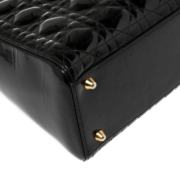 Pre Owned Dior Black Cannage Quilted Patent Leather Large Lady Dior Tote