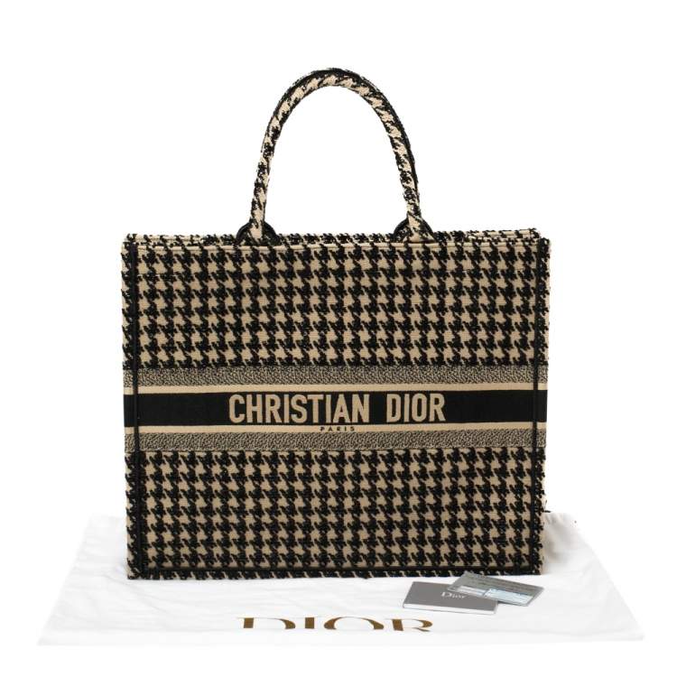 Pre Owned Dior Black/Beige Canvas Houndstooth Embroidered Book Tote
