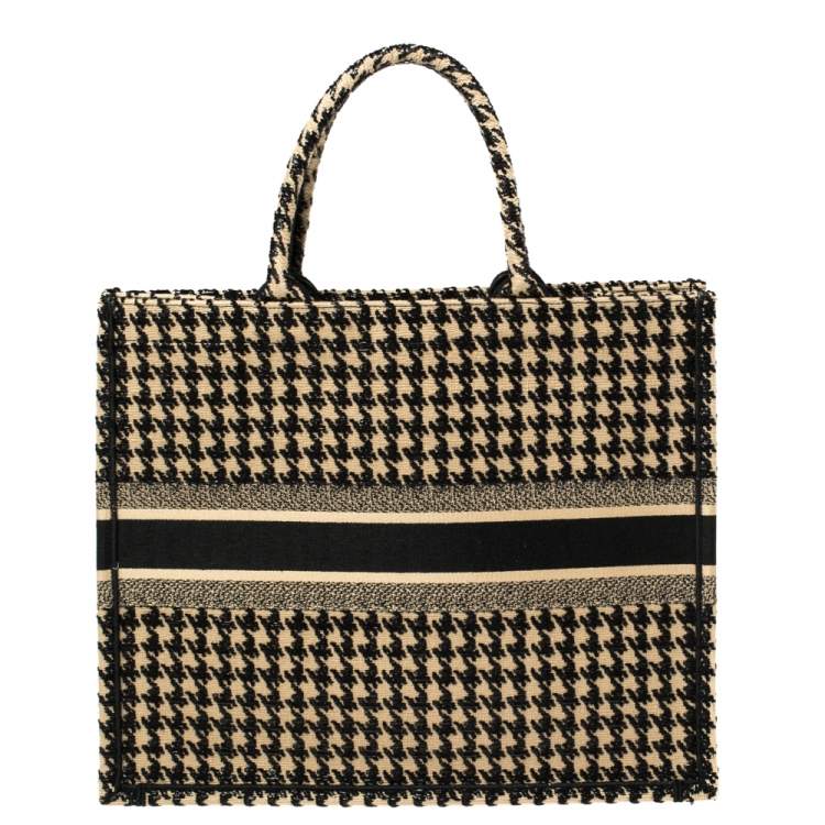 Pre Owned Dior Black/Beige Canvas Houndstooth Embroidered Book Tote