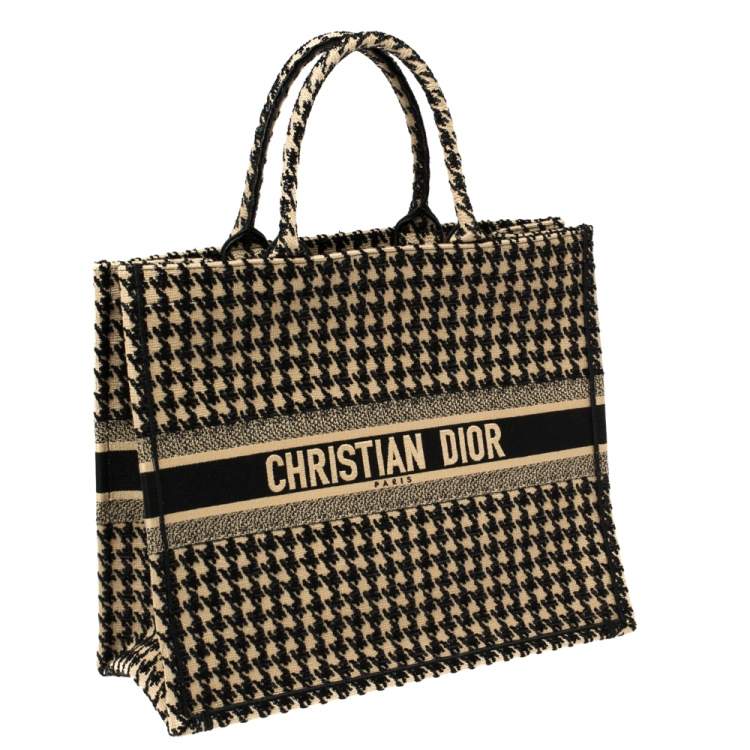 Pre Owned Dior Black/Beige Canvas Houndstooth Embroidered Book Tote
