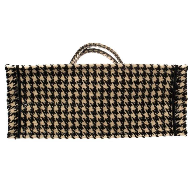 Pre Owned Dior Black/Beige Canvas Houndstooth Embroidered Book Tote