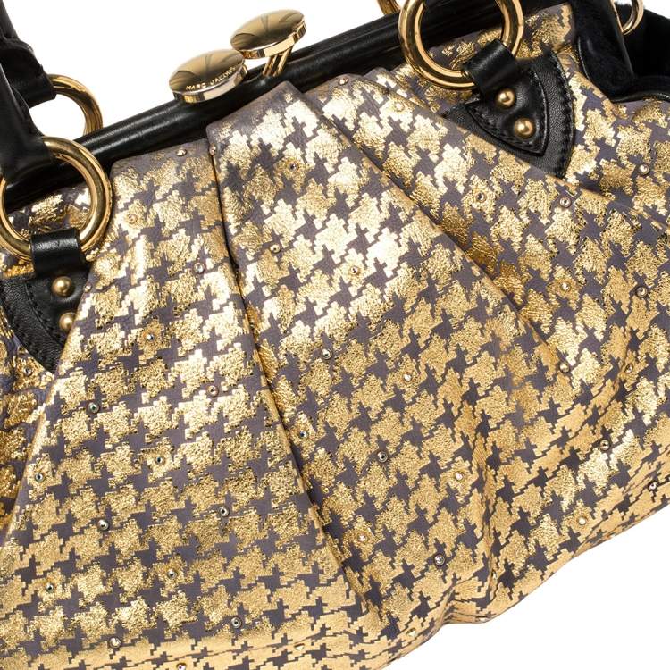 Pre Owned Marc Jacobs Black/Gold Houndstooth Print Leather and Calfhair Stam Embellished Shoulder Bag