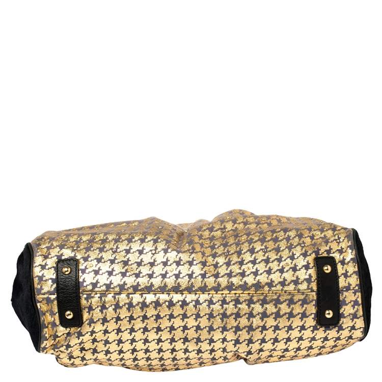 Pre Owned Marc Jacobs Black/Gold Houndstooth Print Leather and Calfhair Stam Embellished Shoulder Bag