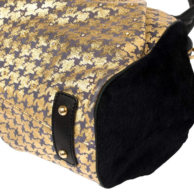 Pre Owned Marc Jacobs Black/Gold Houndstooth Print Leather and Calfhair Stam Embellished Shoulder Bag