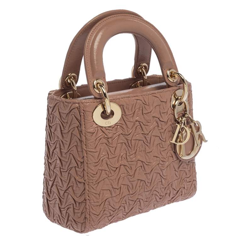 Pre Owned Dior Beige Wavy Shiny Crinkled Leather Mini Chain Lady Dior Tote