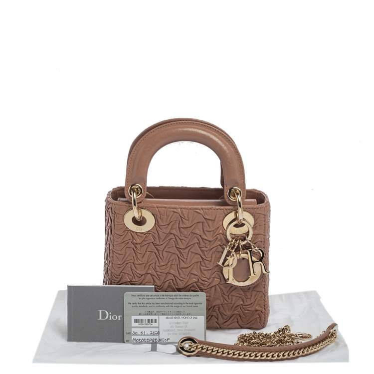 Pre Owned Dior Beige Wavy Shiny Crinkled Leather Mini Chain Lady Dior Tote