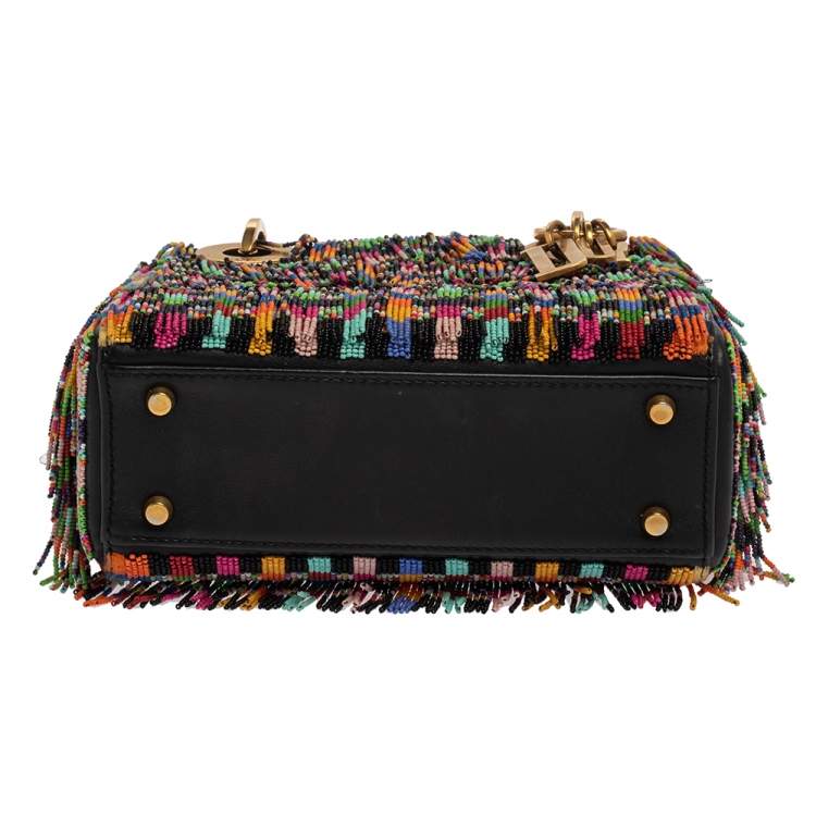 Pre Owned Dior Multicolor Leather Mini Beaded Fringe Lady Dior Tote