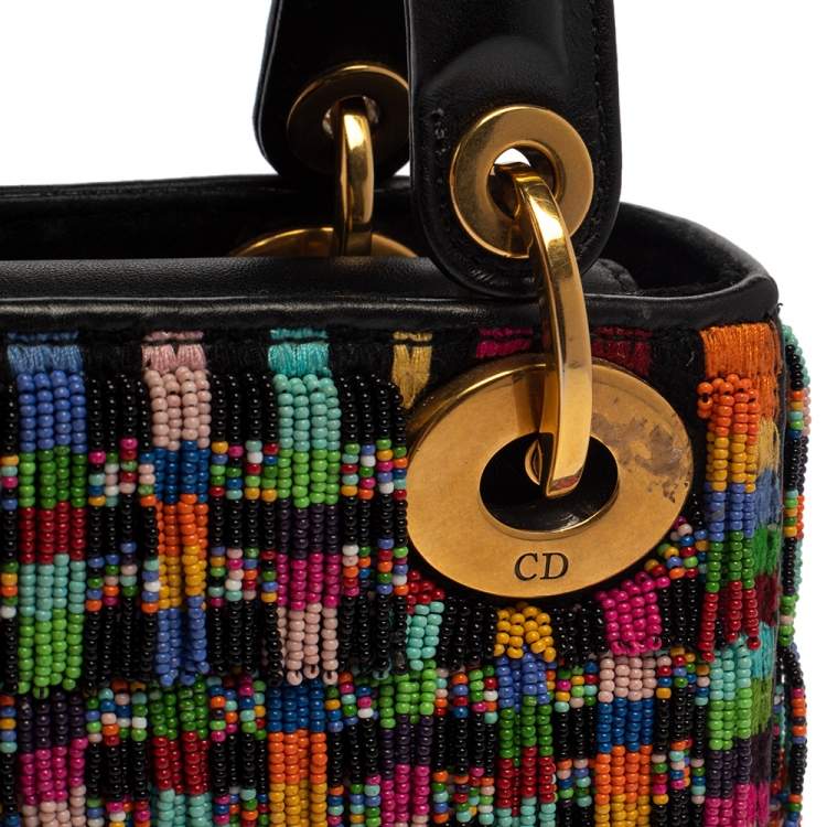 Pre Owned Dior Multicolor Leather Mini Beaded Fringe Lady Dior Tote
