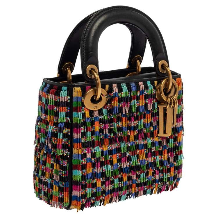 Pre Owned Dior Multicolor Leather Mini Beaded Fringe Lady Dior Tote