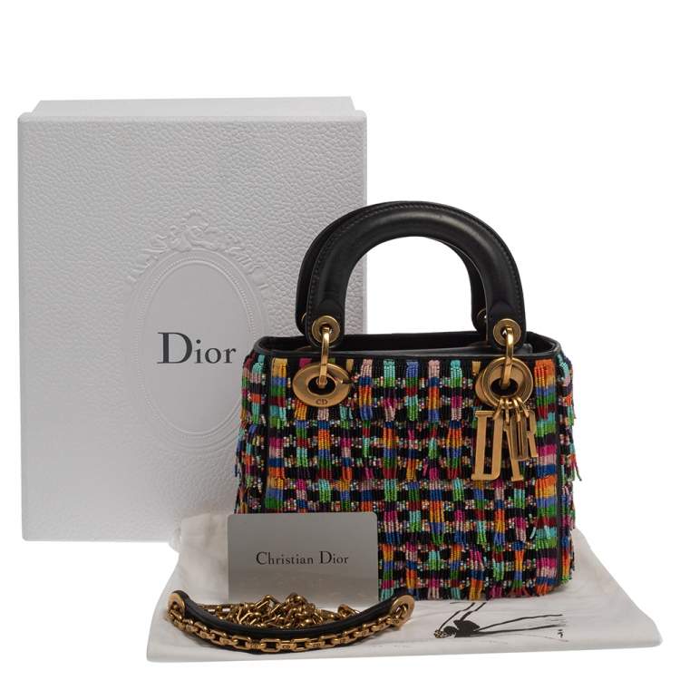 Pre Owned Dior Multicolor Leather Mini Beaded Fringe Lady Dior Tote