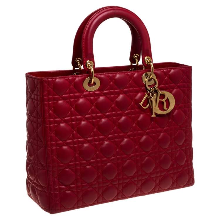 Pre Owned Dior Red Cannage Leather Large Lady Dior Tote