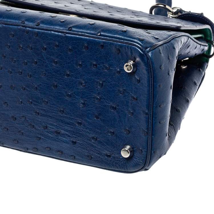 Pre Owned Dior Blue Ostrich Medium Be Dior Flap Top Handle Bag