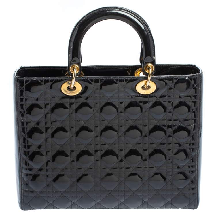 Pre Owned Dior Black Cannage Patent Leather Large Lady Dior Tote