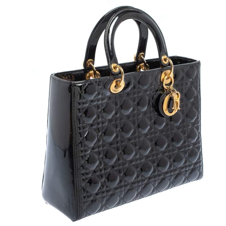 Pre Owned Dior Black Cannage Patent Leather Large Lady Dior Tote