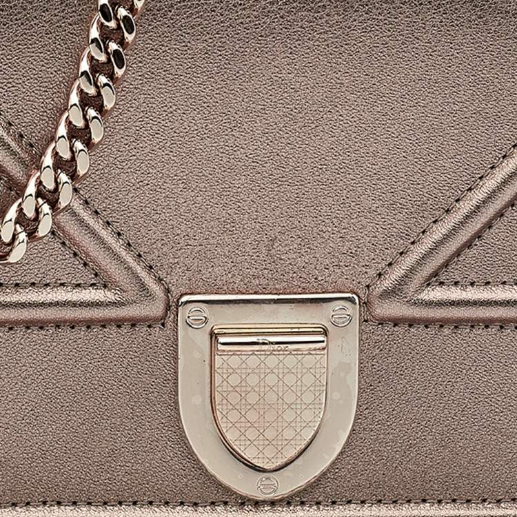 Pre Owned Dior Metallic Rose Gold Leather Diorama Wallet on Chain