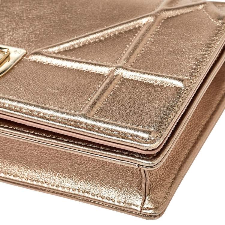 Pre Owned Dior Metallic Rose Gold Leather Diorama Wallet on Chain