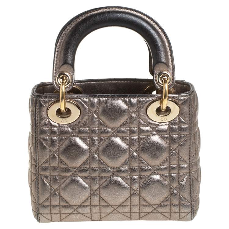 Pre Owned Dior Metallic Cannage Leather Mini Lady Dior Tote