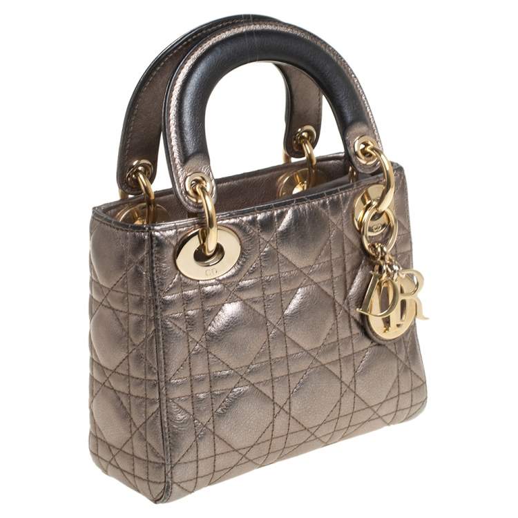 Pre Owned Dior Metallic Cannage Leather Mini Lady Dior Tote