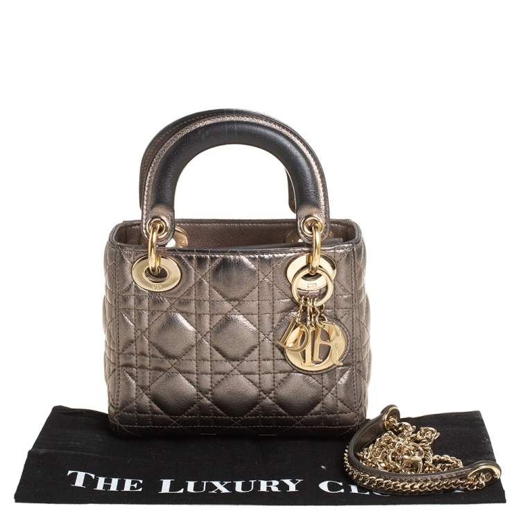 Pre Owned Dior Metallic Cannage Leather Mini Lady Dior Tote
