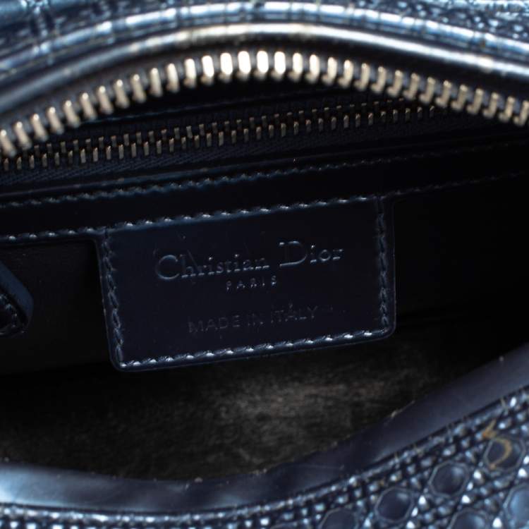 Pre Owned Dior Metallic Blue Microcannage Leather Medium Lady Dior Tote 