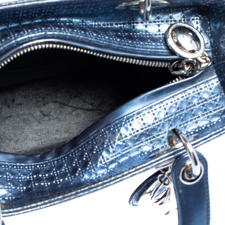 Pre Owned Dior Metallic Blue Microcannage Leather Medium Lady Dior Tote 