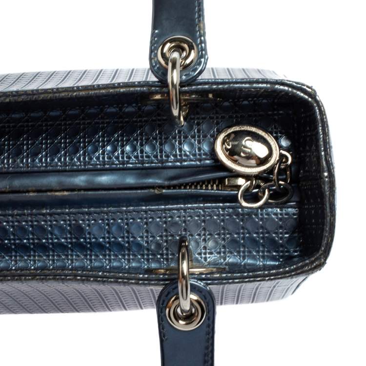 Pre Owned Dior Metallic Blue Microcannage Leather Medium Lady Dior Tote 