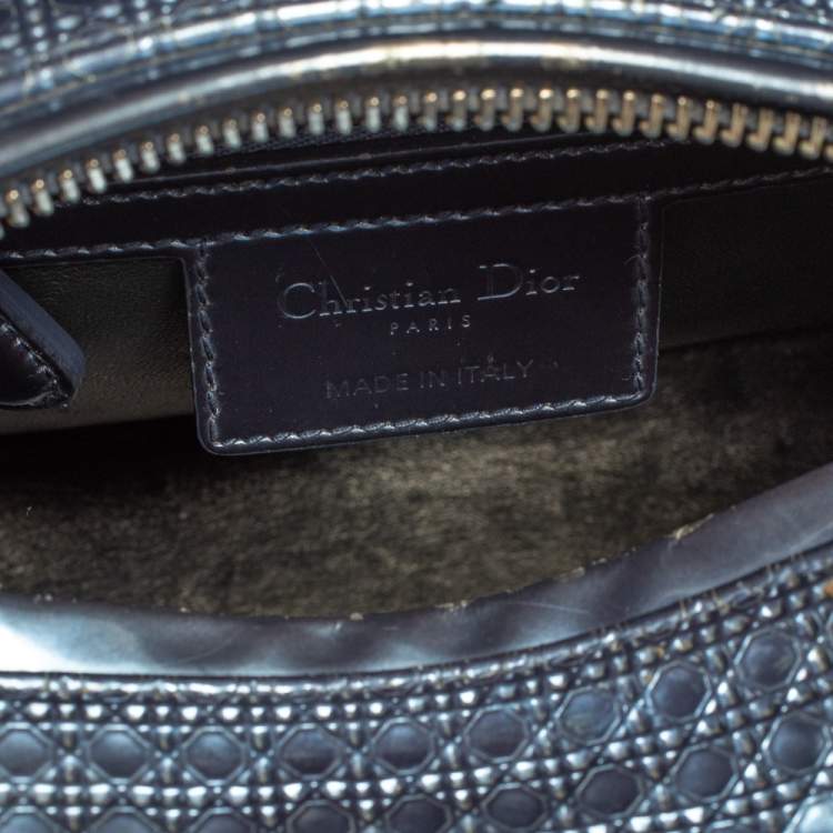 Pre Owned Dior Metallic Blue Microcannage Leather Medium Lady Dior Tote 