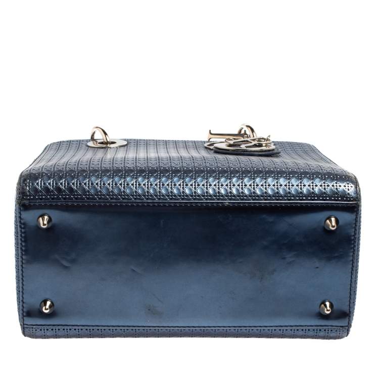 Pre Owned Dior Metallic Blue Microcannage Leather Medium Lady Dior Tote 