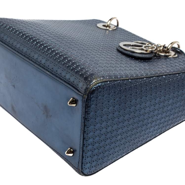 Pre Owned Dior Metallic Blue Microcannage Leather Medium Lady Dior Tote 
