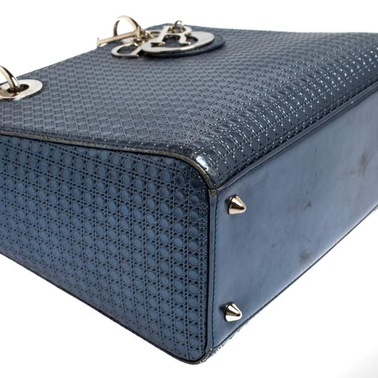 Pre Owned Dior Metallic Blue Microcannage Leather Medium Lady Dior Tote 