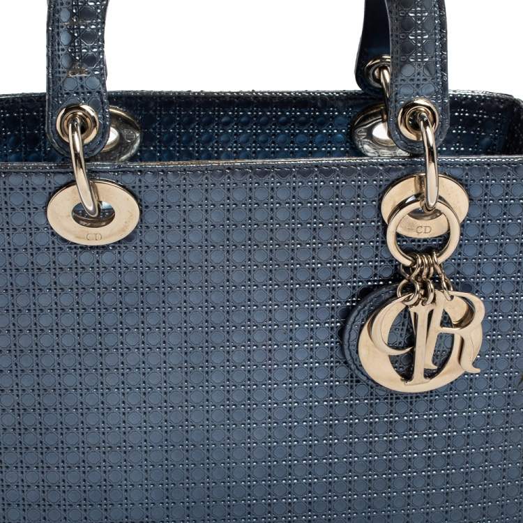 Pre Owned Dior Metallic Blue Microcannage Leather Medium Lady Dior Tote 