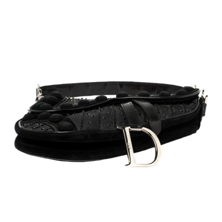Pre Owned Dior Black Velvet/Nylon and Leather Vintage Pom Pom Embellished Saddle Bag