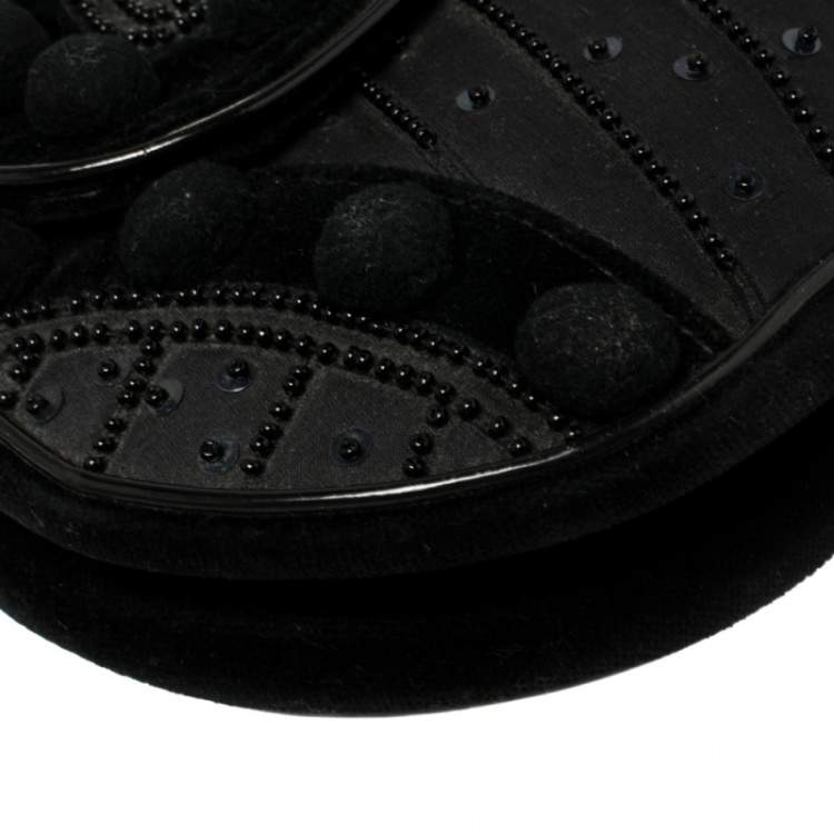 Pre Owned Dior Black Velvet/Nylon and Leather Vintage Pom Pom Embellished Saddle Bag