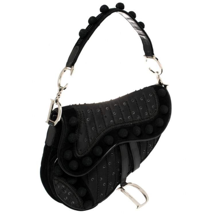 Pre Owned Dior Black Velvet/Nylon and Leather Vintage Pom Pom Embellished Saddle Bag